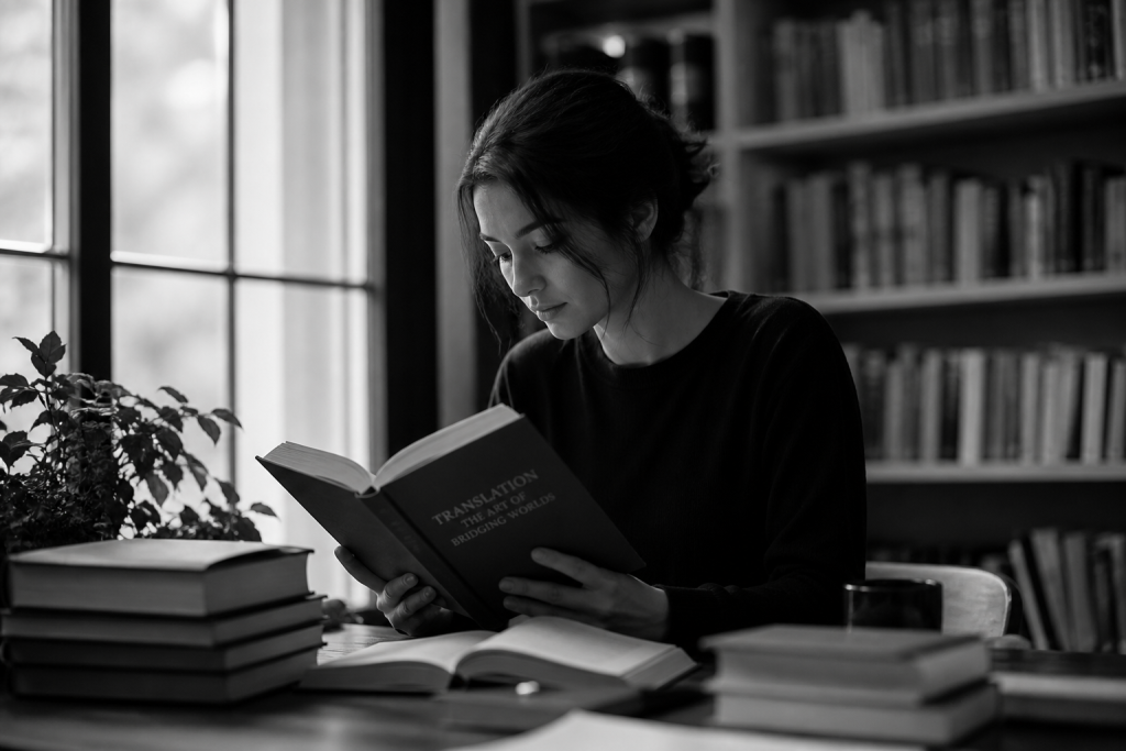 Black and white photo of a woman reading in a library, representing book translation and multilingual literature