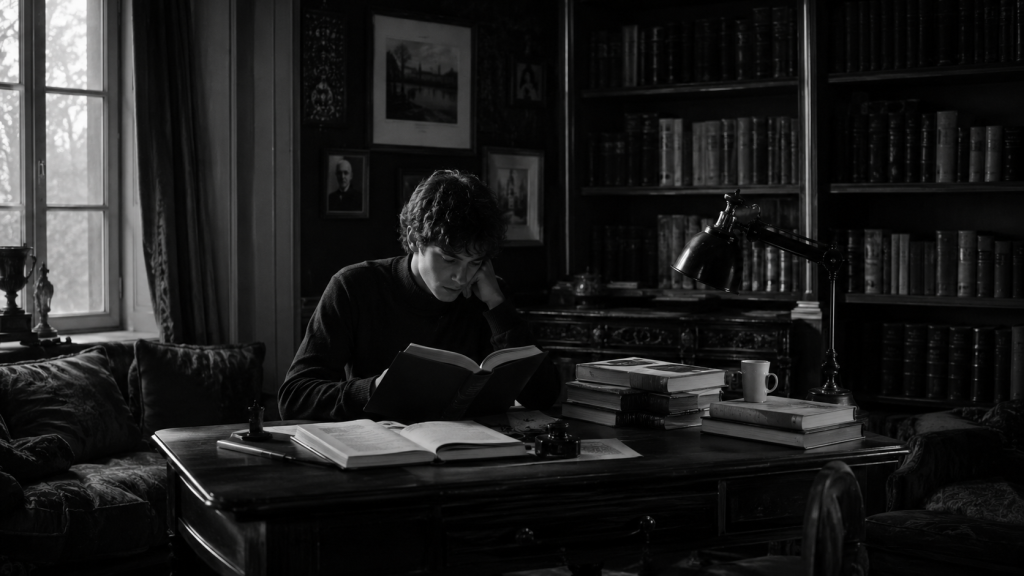 Black and white image of a young man reading a book in his office